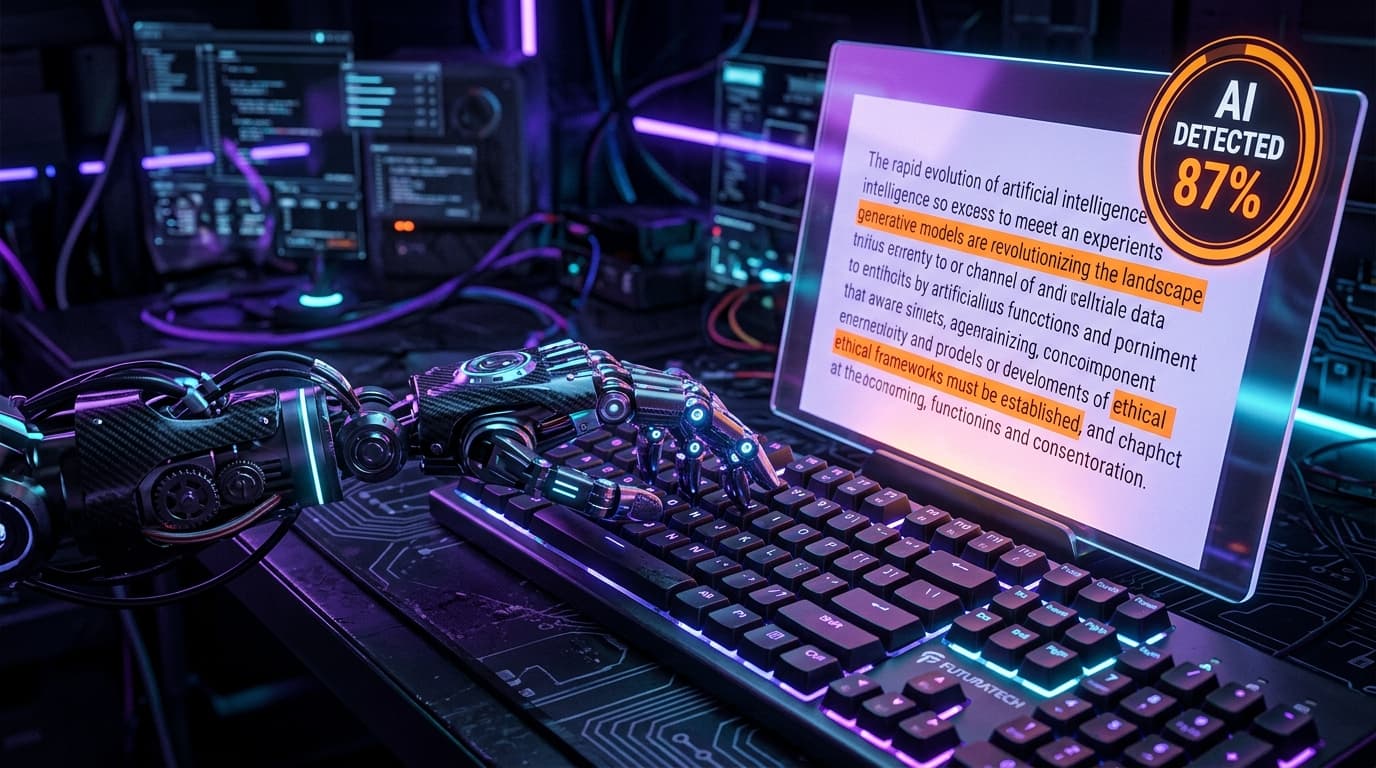 Robot typing next to a screen showing AI text flagged stats