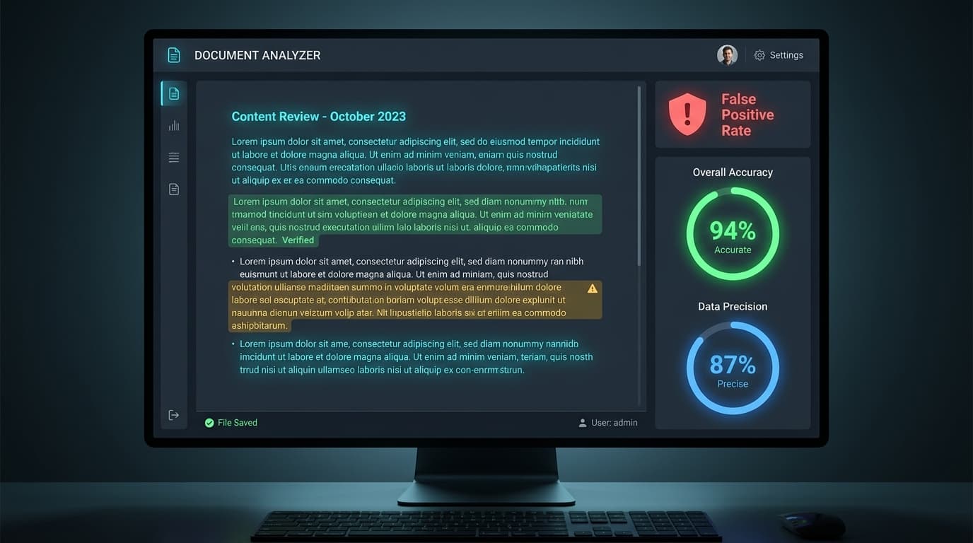 Document analyzer dashboard displaying accuracy stats and false positive warnings