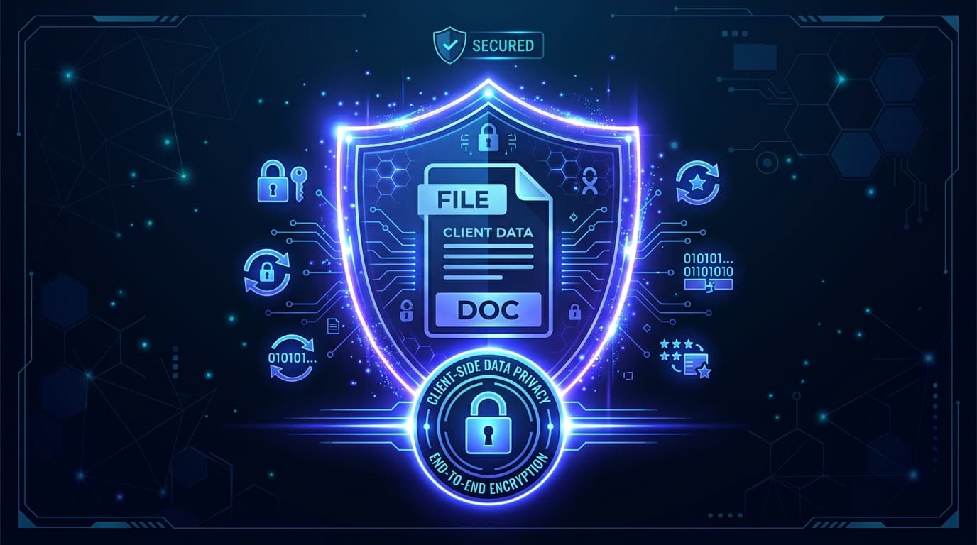 Glowing digital shield protecting a document file representing client-side security