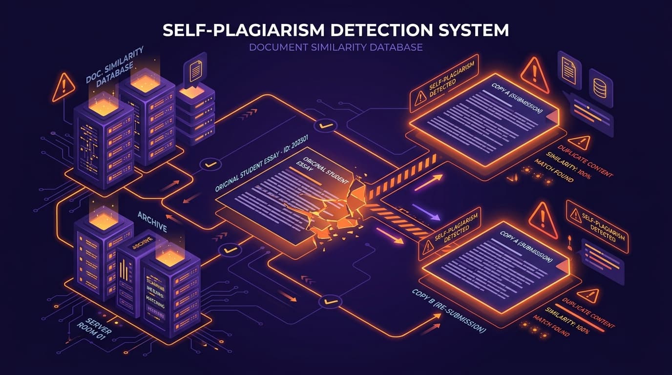Diagram showing document re-submission triggering self plagiarism warnings on database servers