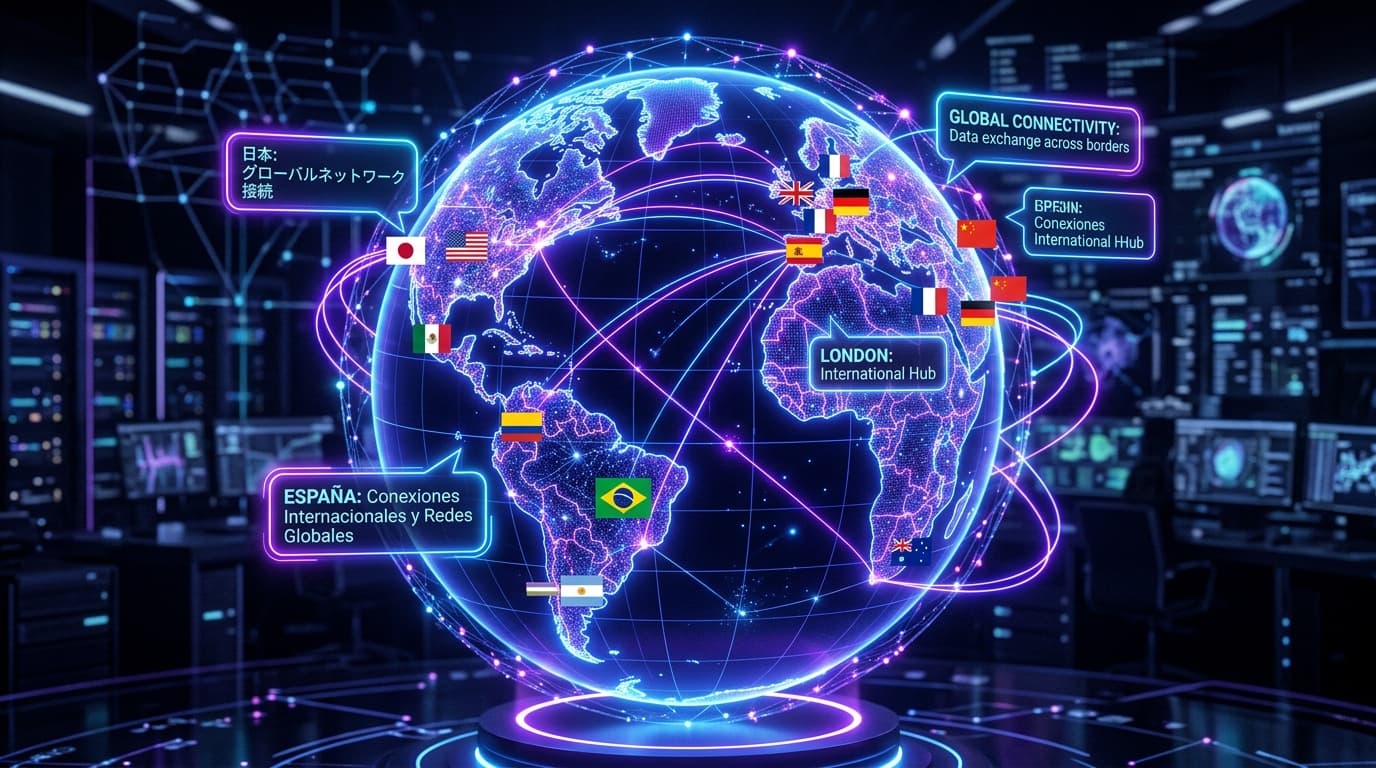 Bilingual flags and global network linking language data bubbles on a tech interface