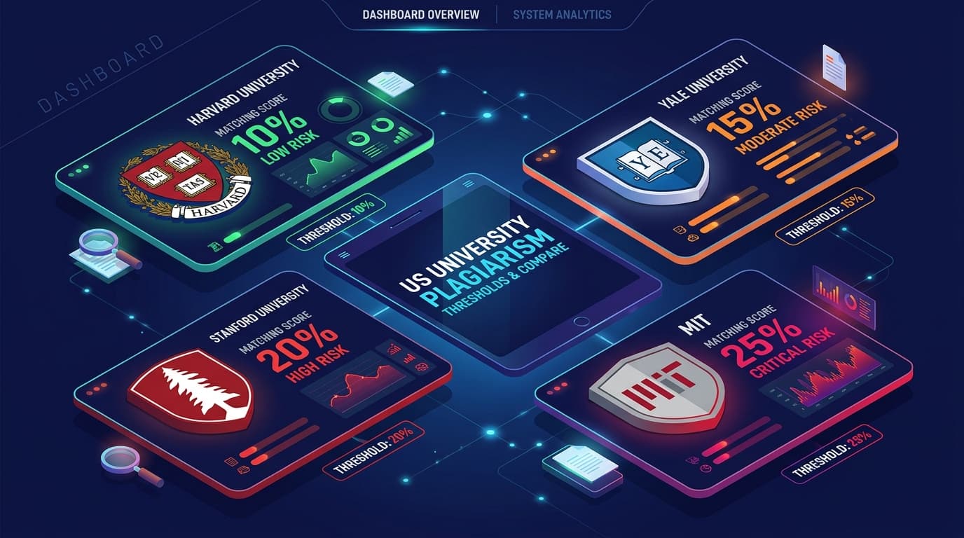 Dashboard showing Turnitin matching scores for US universities like Harvard, Yale, Stanford and MIT