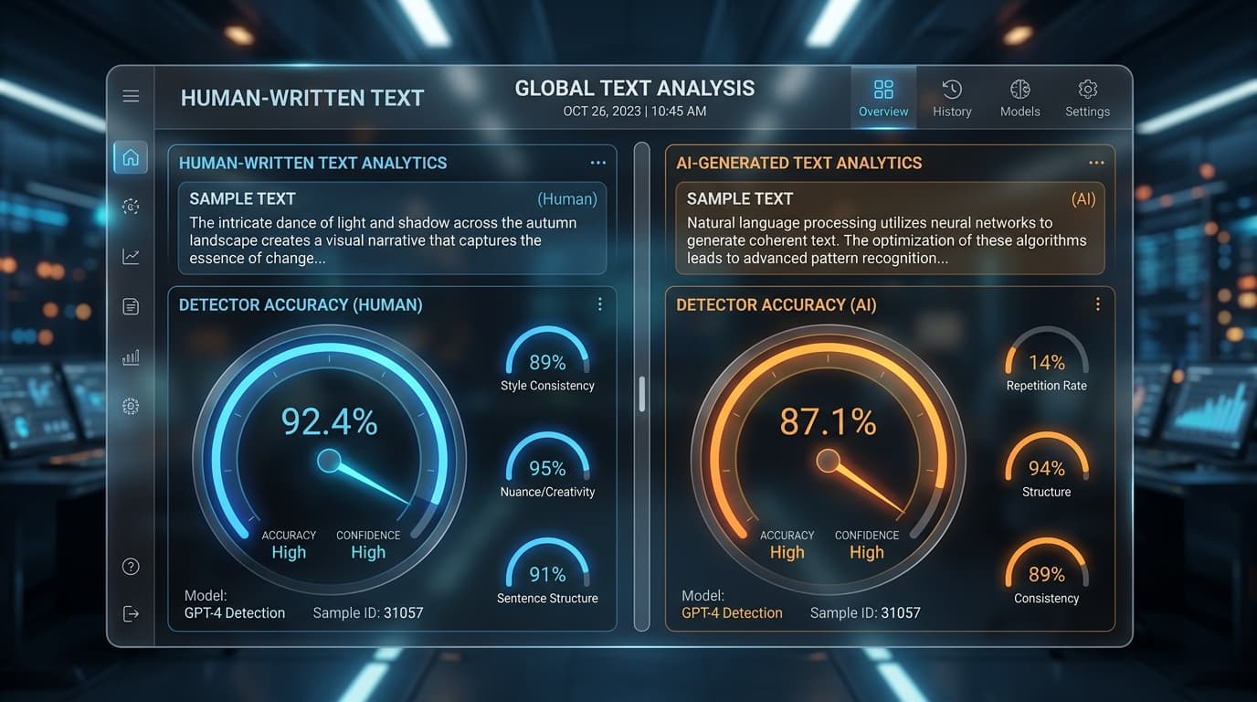 Split screen interface comparing human writing and AI text analytics on a dashboard