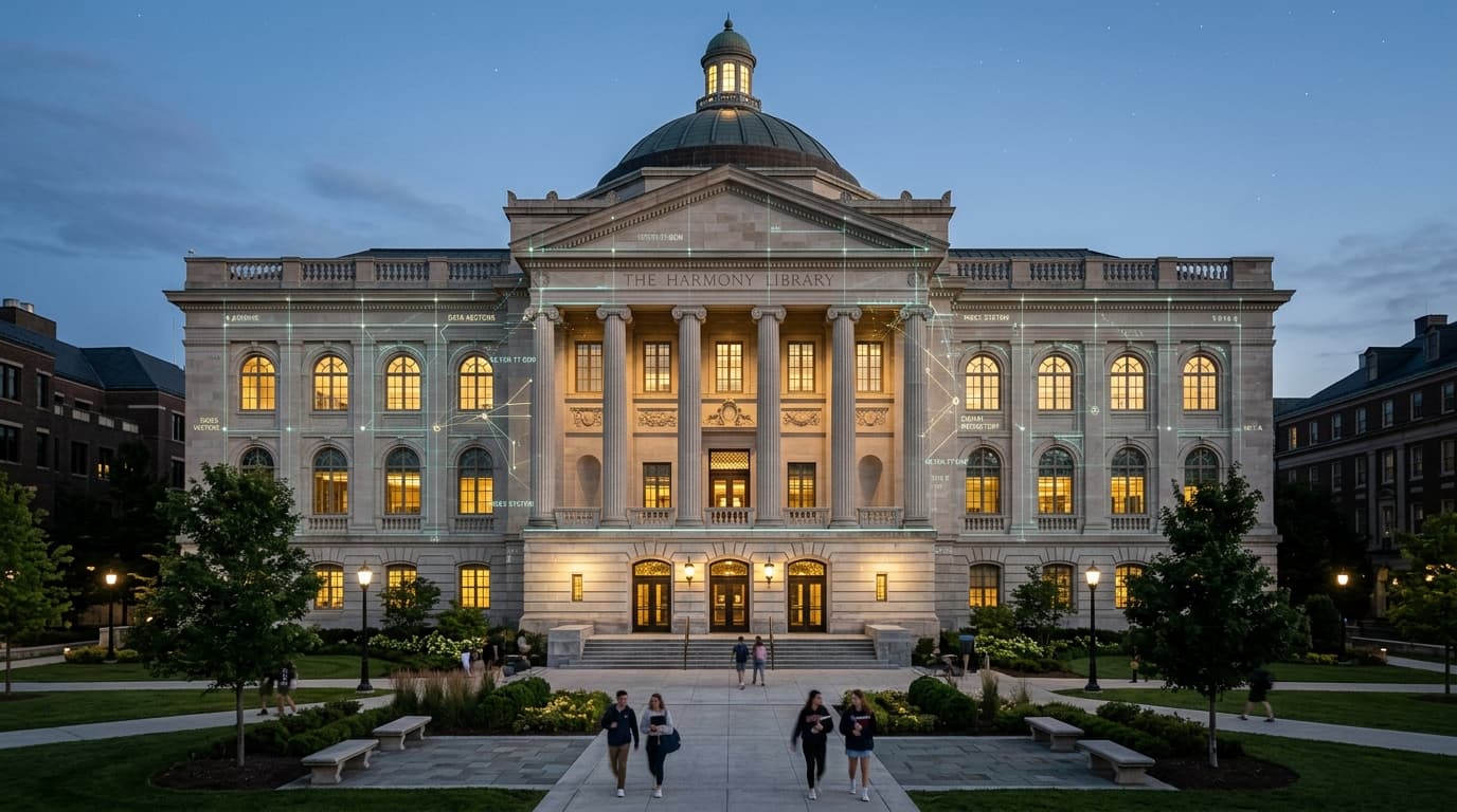 Classic Ivy League college library facade with digital security and database connections overlay